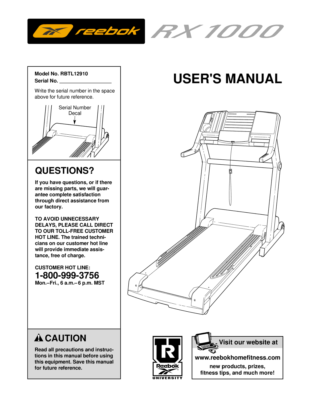 Reebok Fitness manual Model No. RBTL12910 Serial No, Customer HOT Line 