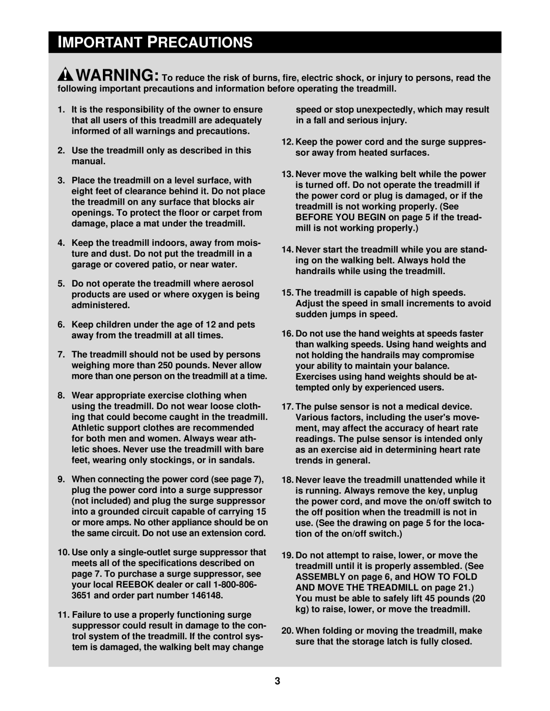 Reebok Fitness RBTL12911 manual Important Precautions 