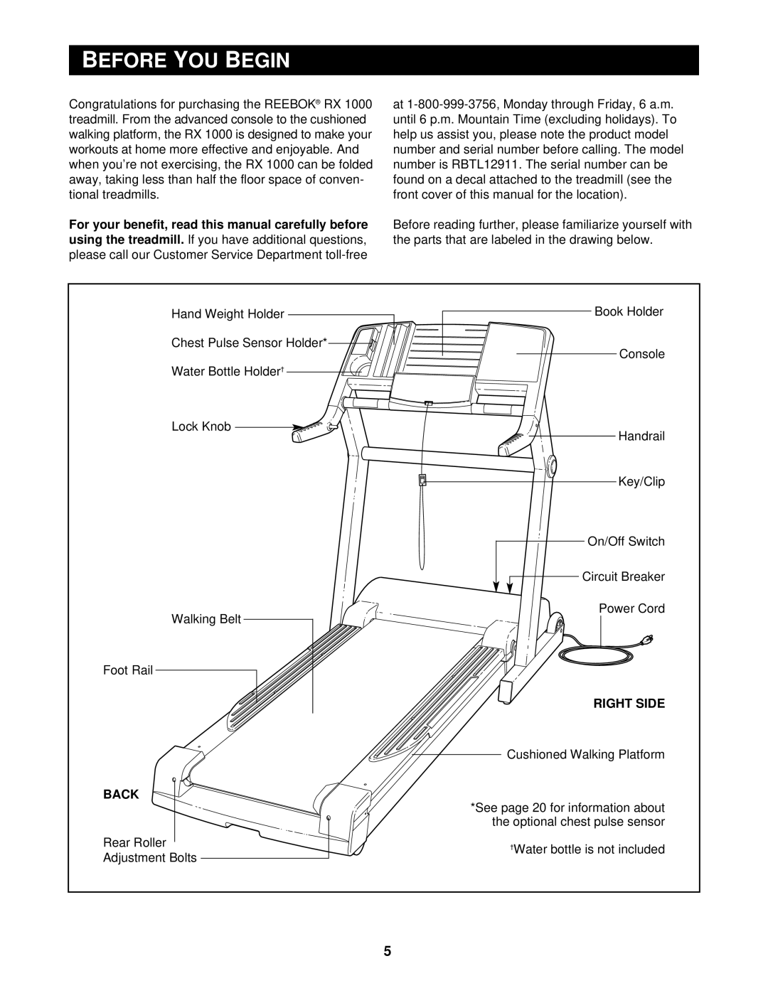 Reebok Fitness RBTL12911 manual Before YOU Begin, Back, Right Side 