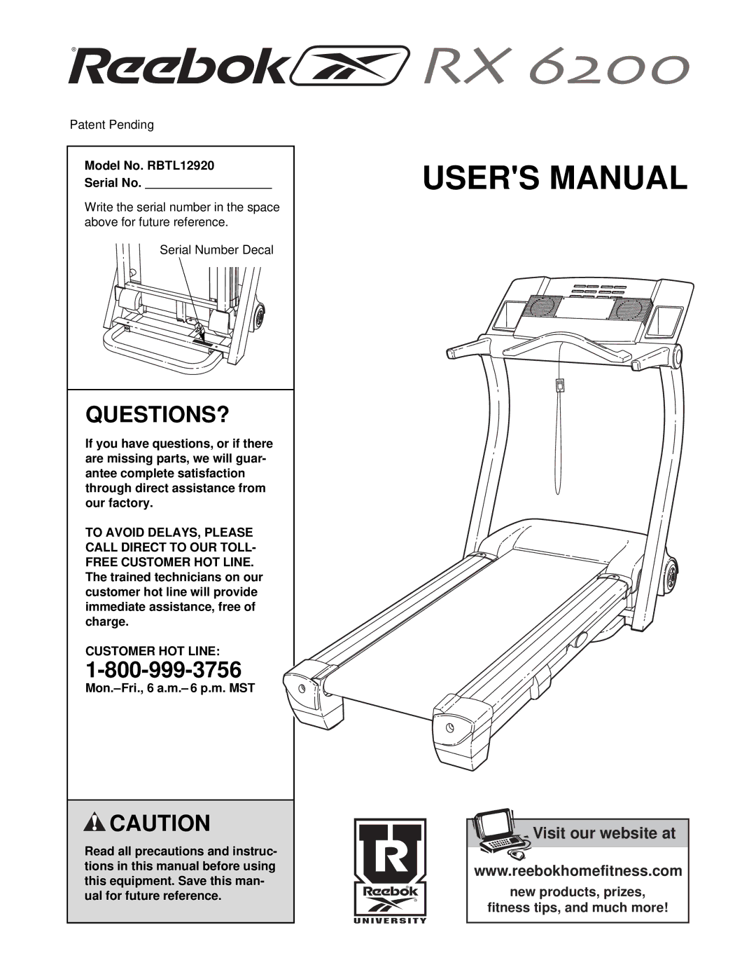 Reebok Fitness manual Questions?, Model No. RBTL12920 Serial No, Customer HOT Line, New products, prizes 