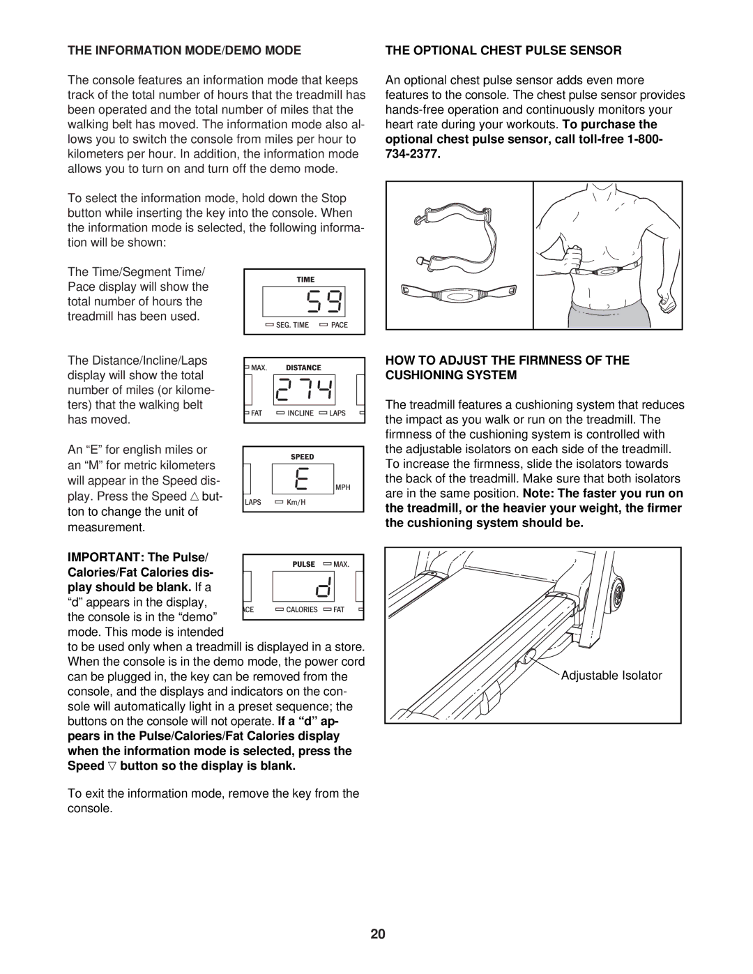 Reebok Fitness RBTL12920 manual Information MODE/DEMO Mode, Optional Chest Pulse Sensor 