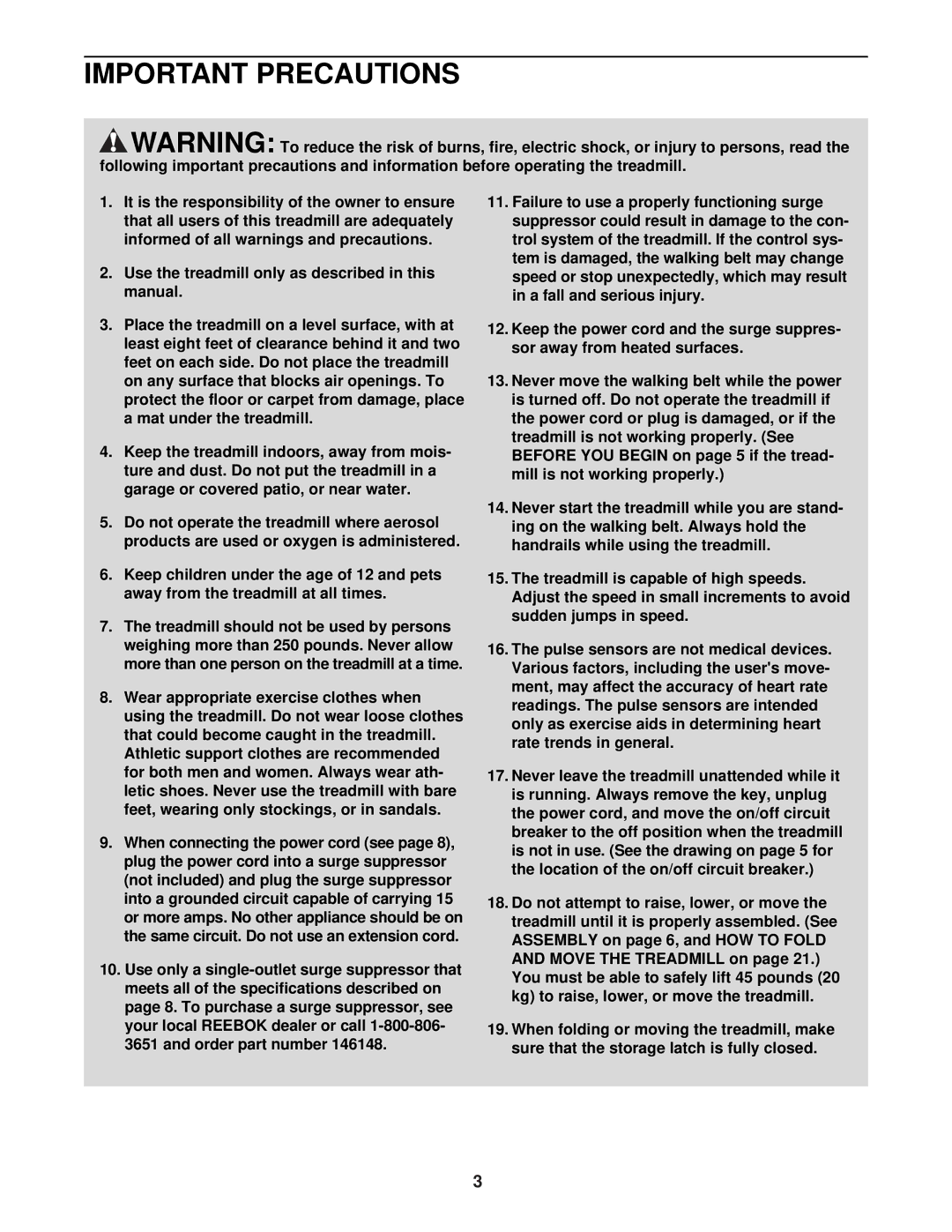 Reebok Fitness RBTL12920 manual Important Precautions 