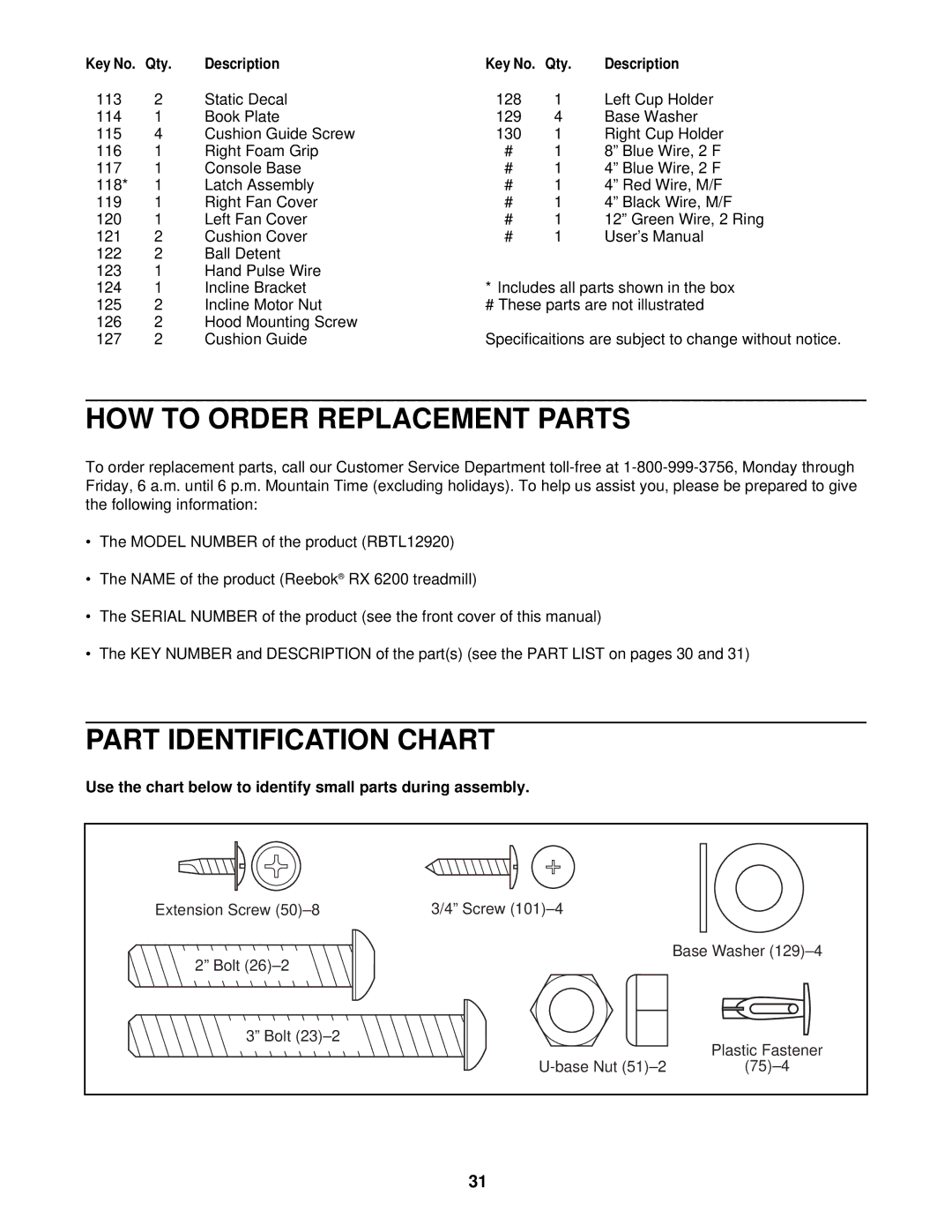 Reebok Fitness RBTL12920 manual HOW to Order Replacement Parts, Part Identification Chart 