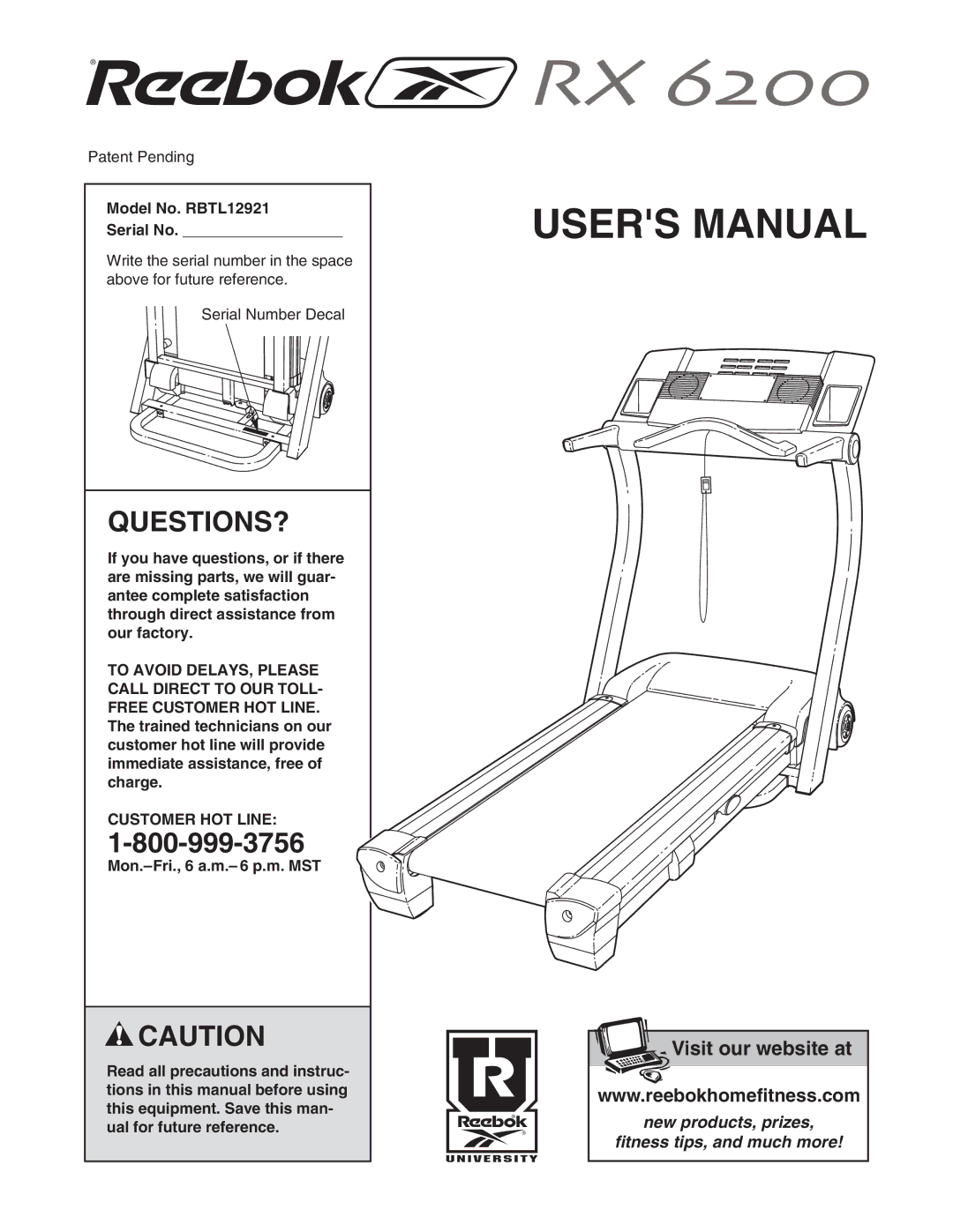 Reebok Fitness manual Questions?, Model No. RBTL12921 Serial No, Customer HOT Line 