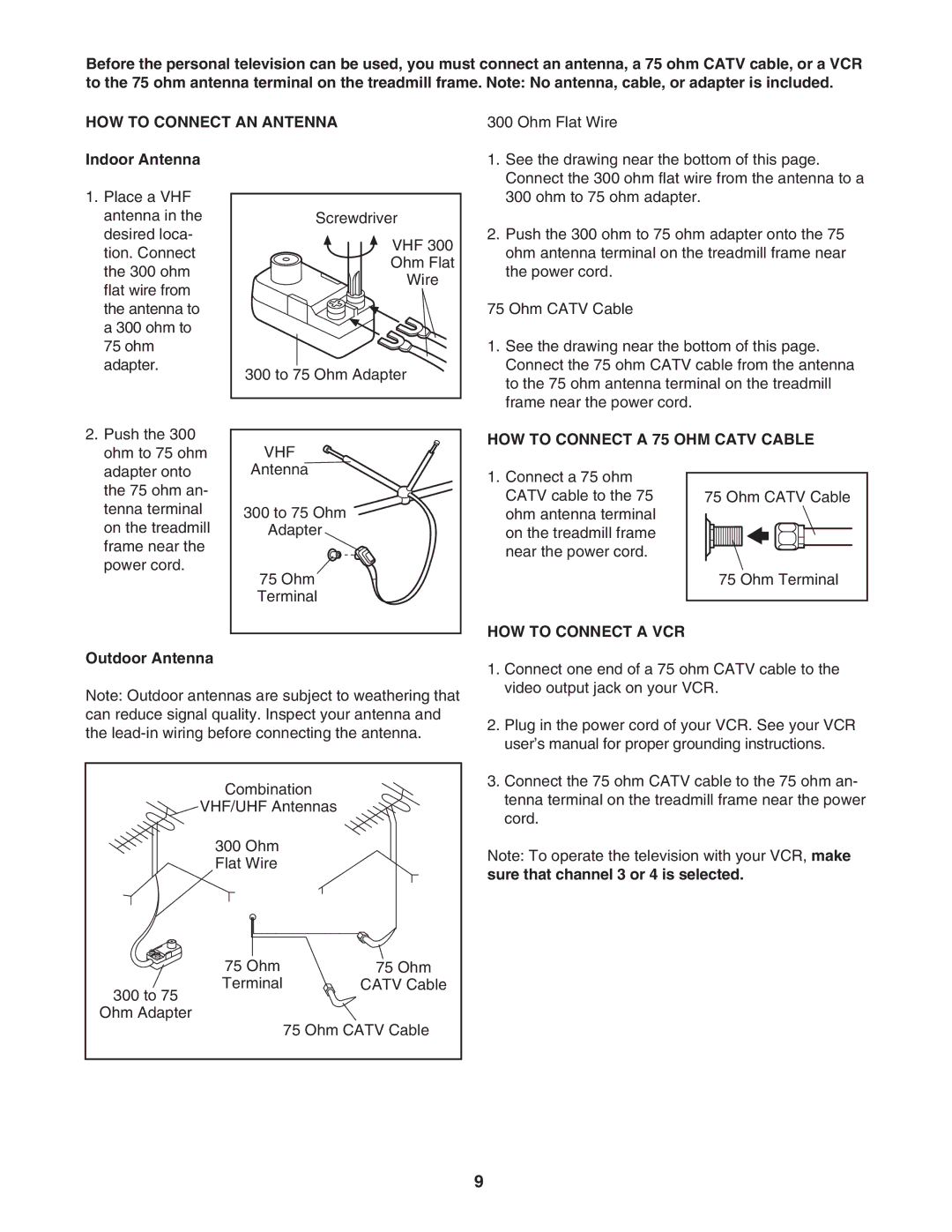 Reebok Fitness RBTL13305.0 manual HOW to Connect AN Antenna, HOW to Connect a 75 OHM Catv Cable, HOW to Connect a VCR 