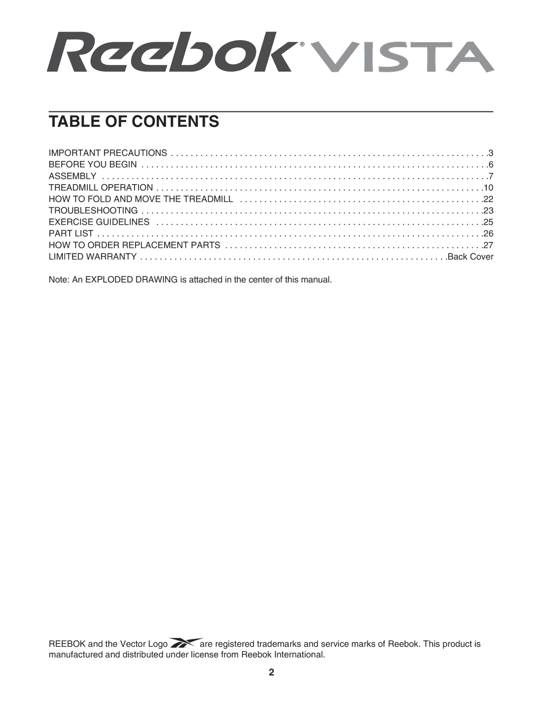 Reebok Fitness RBTL13305.2 manual Table of Contents 