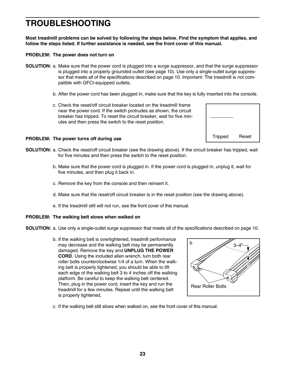 Reebok Fitness RBTL13305.2 manual Troubleshooting, Problem The power turns off during use 