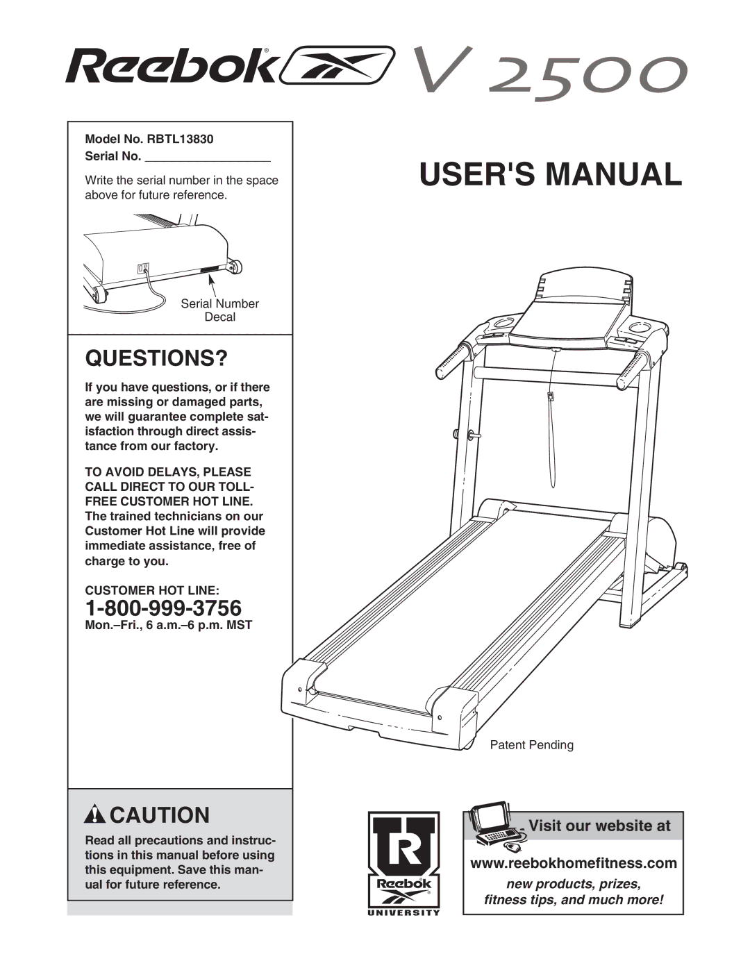 Reebok Fitness manual Model No. RBTL13830 Serial No, Customer HOT Line 