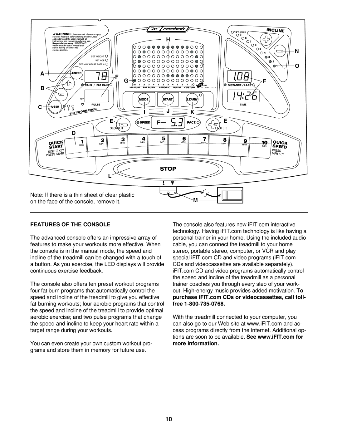 Reebok Fitness RBTL13830 manual On the face of the console, remove it, Features of the Console 