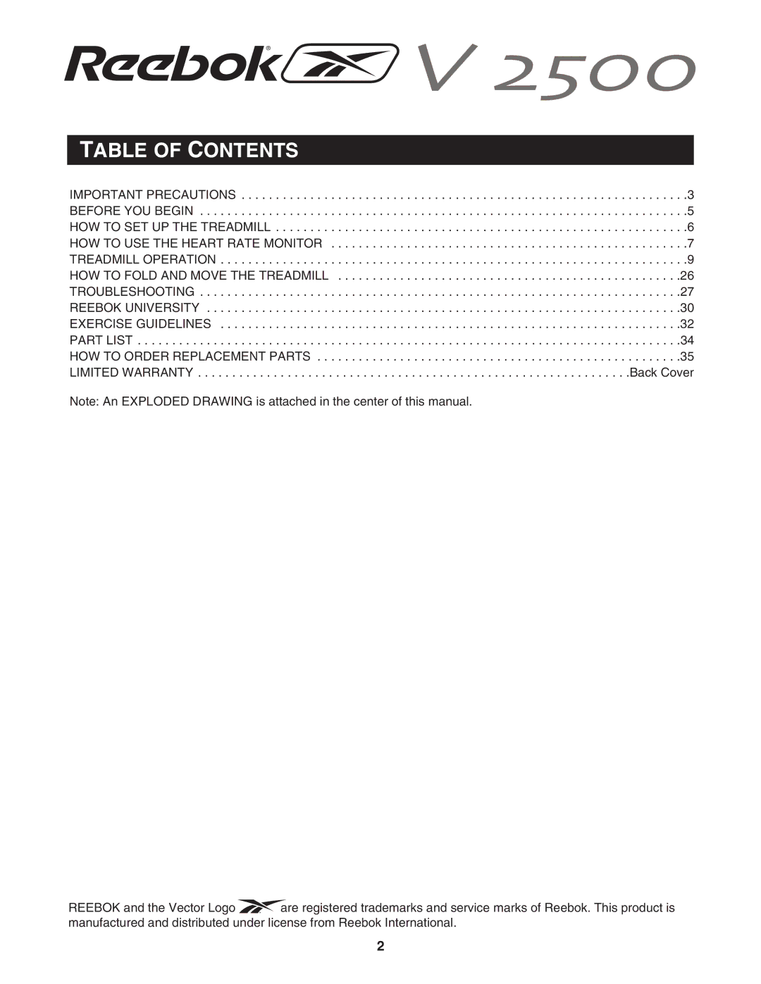 Reebok Fitness RBTL13830 manual Table of Contents 