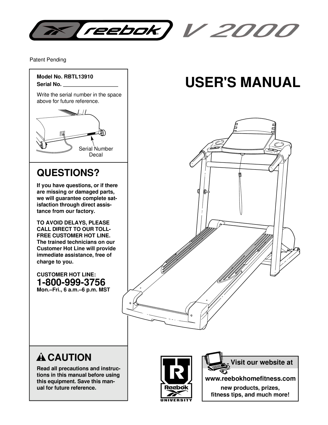 Reebok Fitness manual Model No. RBTL13910 Serial No, Customer HOT Line 