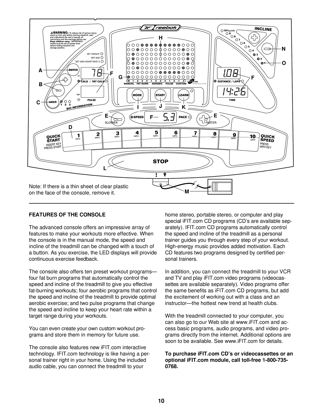 Reebok Fitness RBTL13910 manual On the face of the console, remove it, Features of the Console 