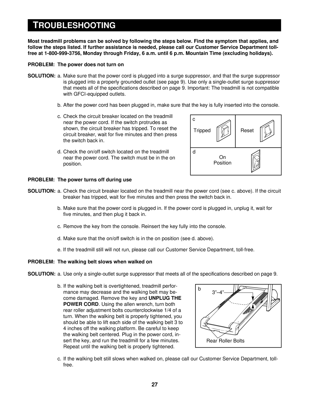 Reebok Fitness RBTL13910 manual Troubleshooting, Problem The power turns off during use 