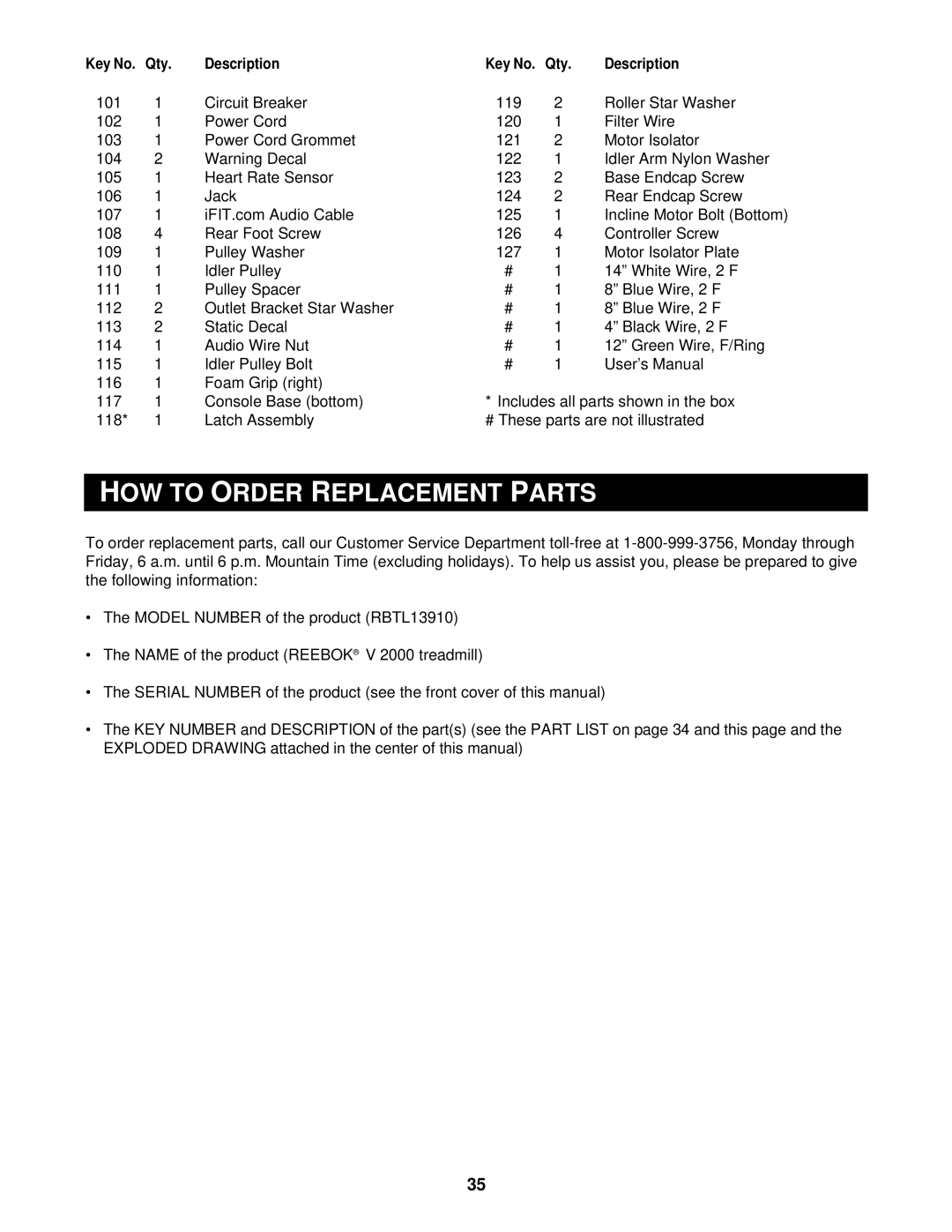 Reebok Fitness RBTL13910 manual HOW to Order Replacement Parts 