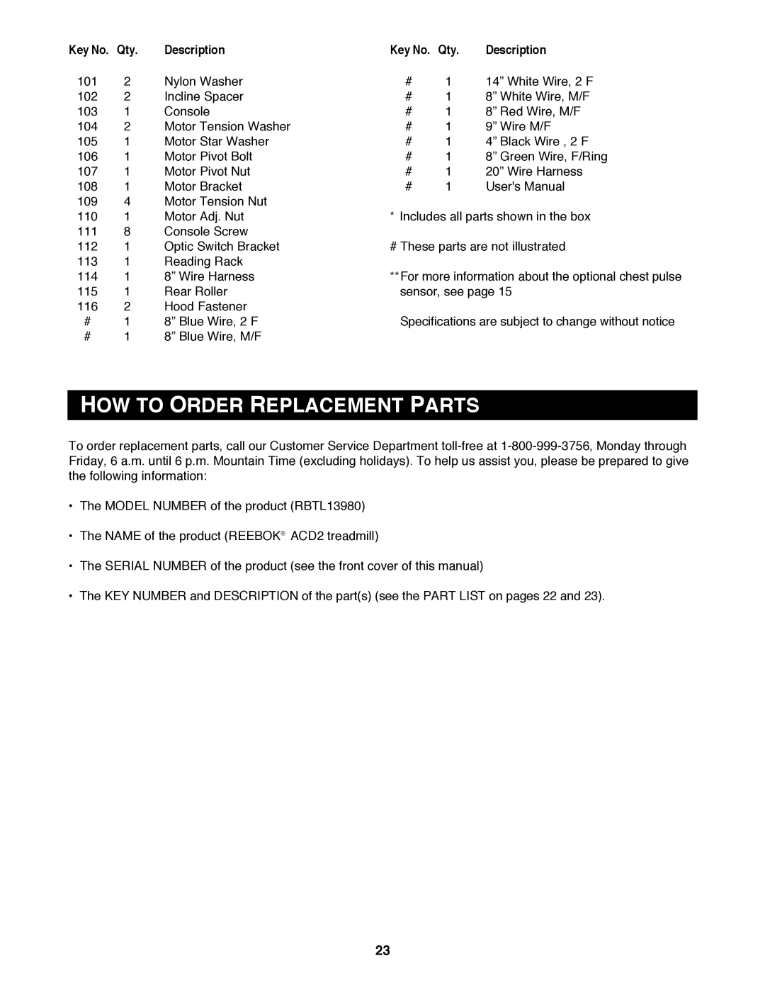 Reebok Fitness RBTL13980 manual HOW to Order Replacement Parts 