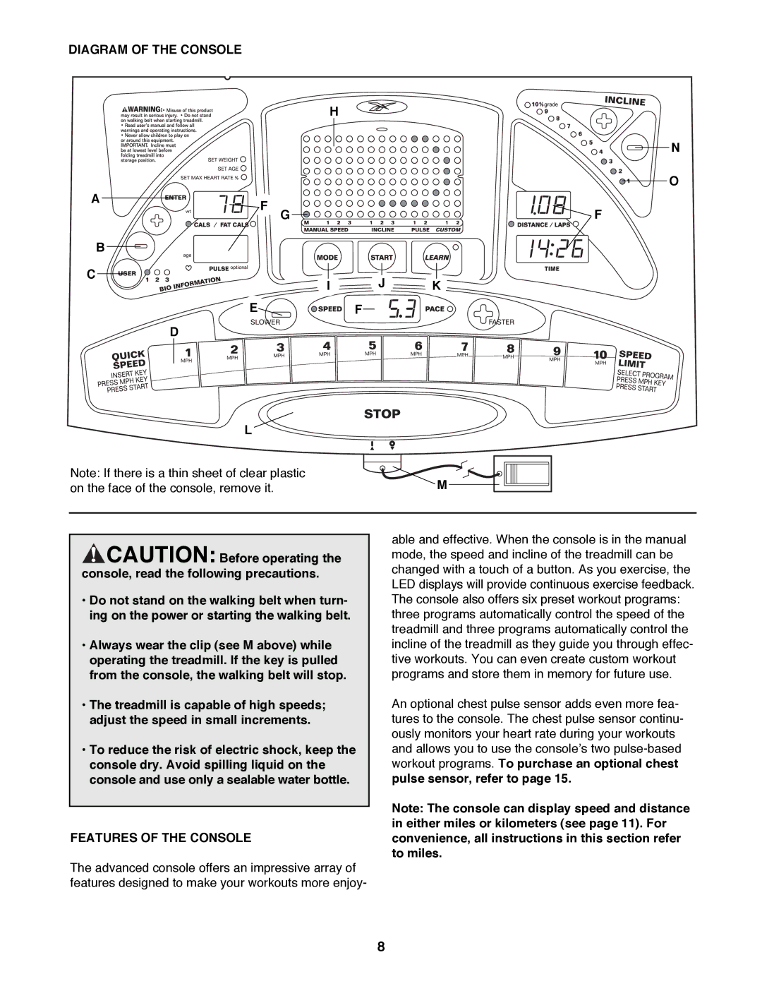 Reebok Fitness RBTL13980 manual Diagram of the Console, Features of the Console 