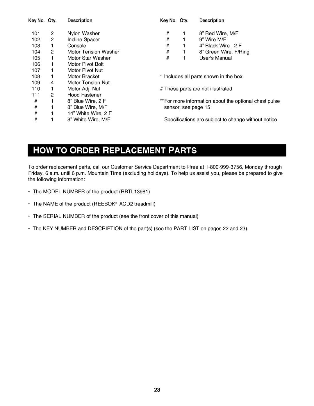 Reebok Fitness RBTL13981 manual HOW to Order Replacement Parts 