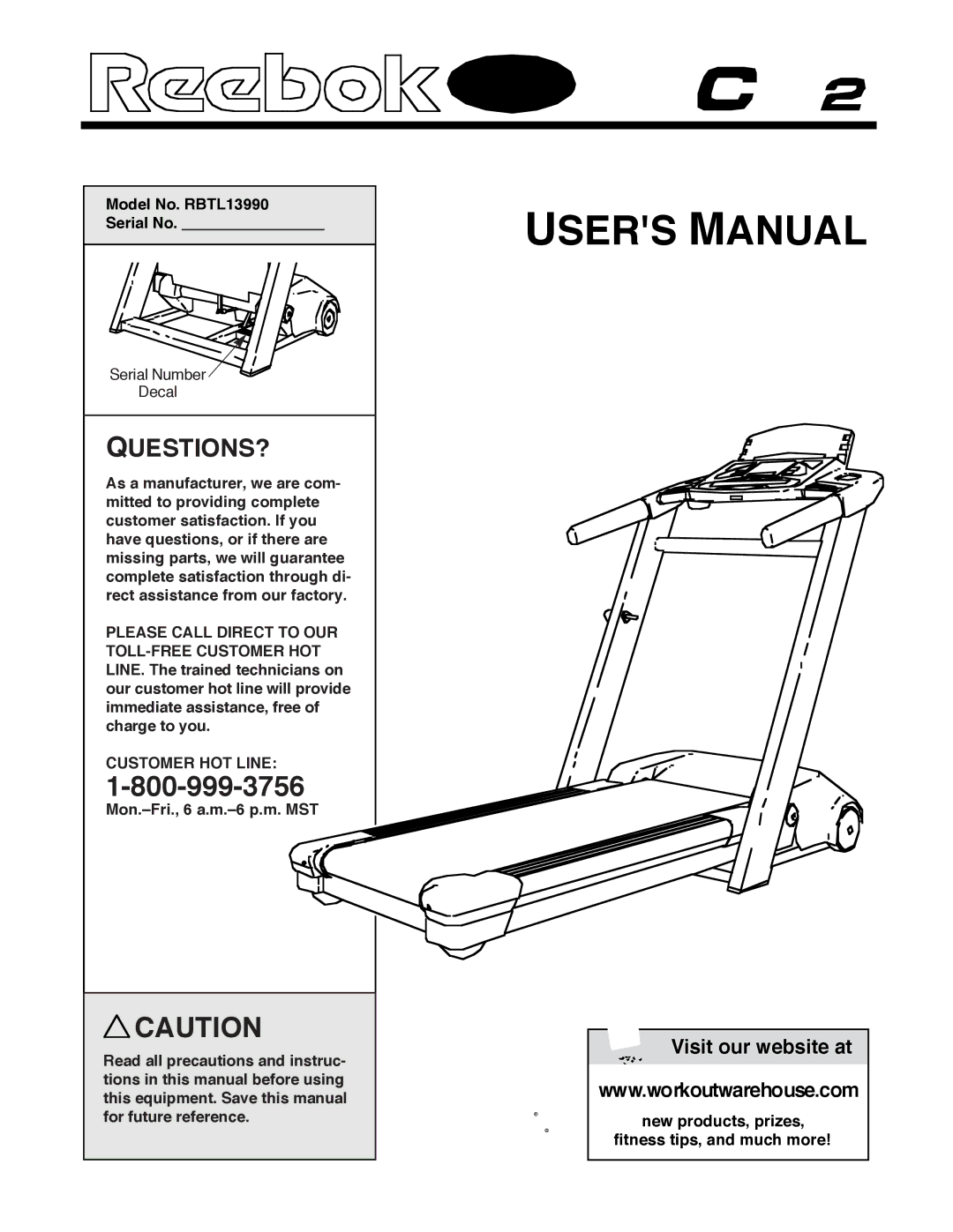 Reebok Fitness manual Model No. RBTL13990 Serial No, Customer HOT Line 