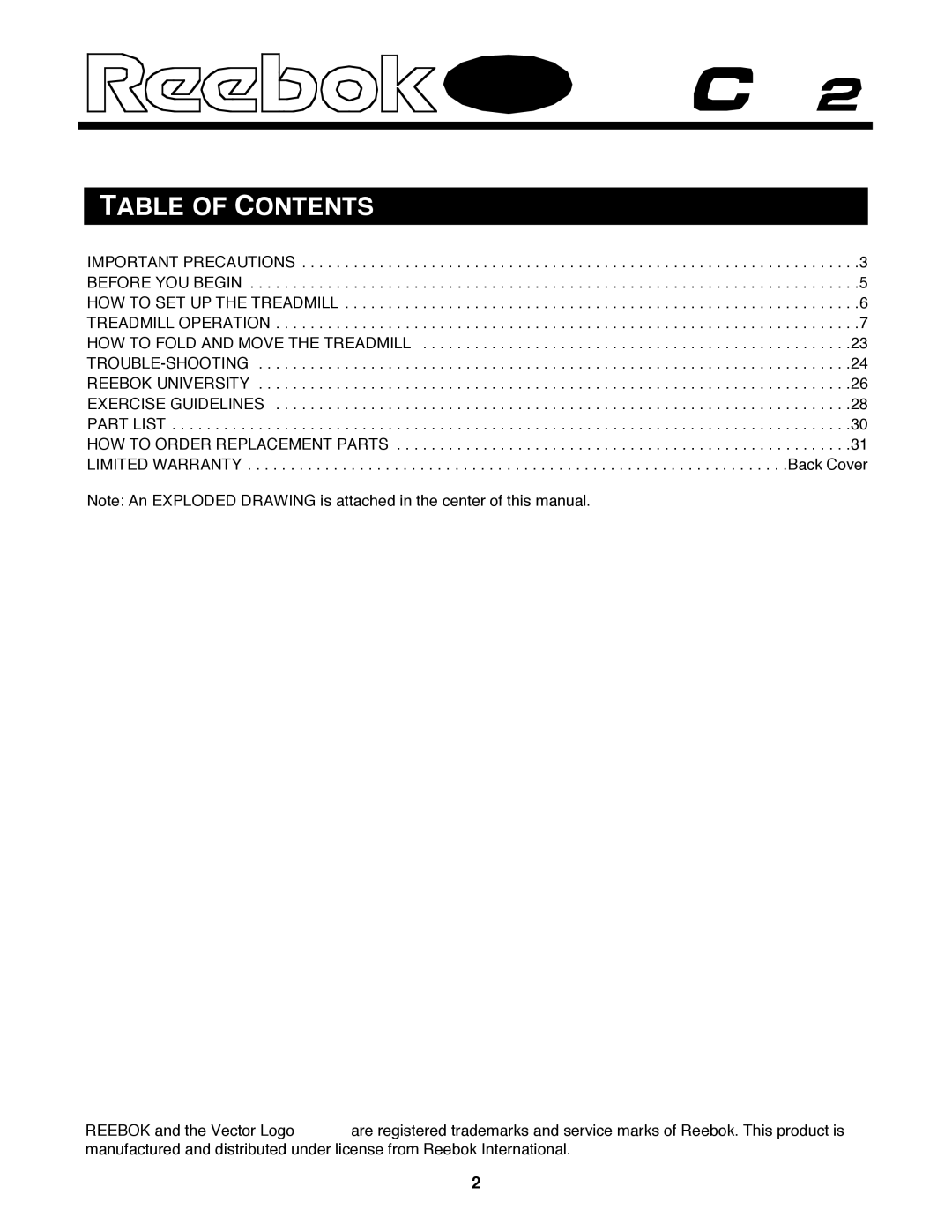 Reebok Fitness RBTL13990 manual Table of Contents 