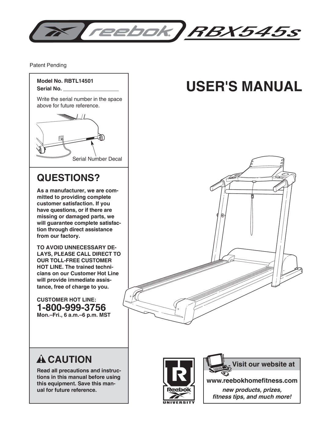 Reebok Fitness manual Model No. RBTL14501 Serial No, Customer HOT Line 