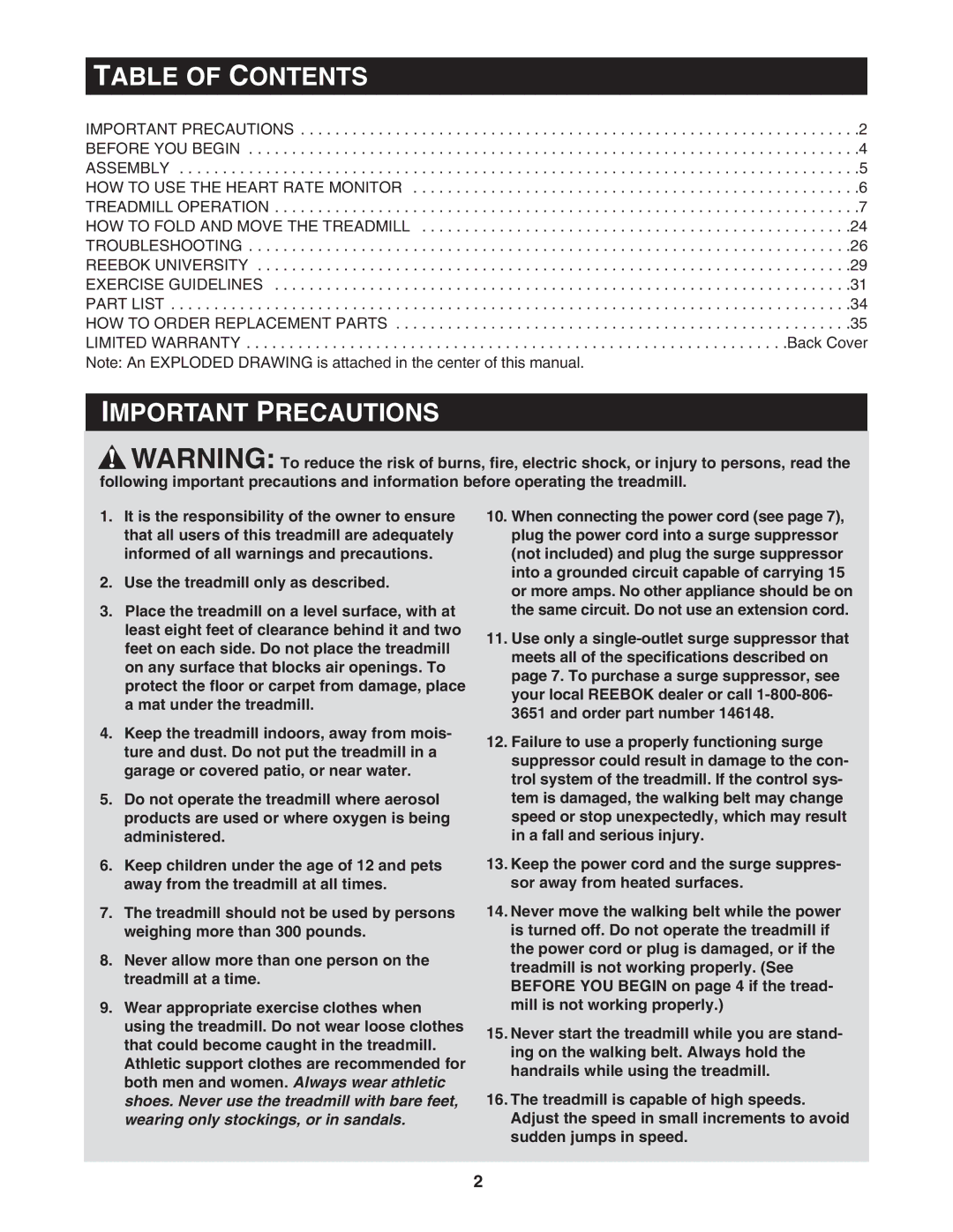 Reebok Fitness RBTL14501 manual Table of Contents, Important Precautions 