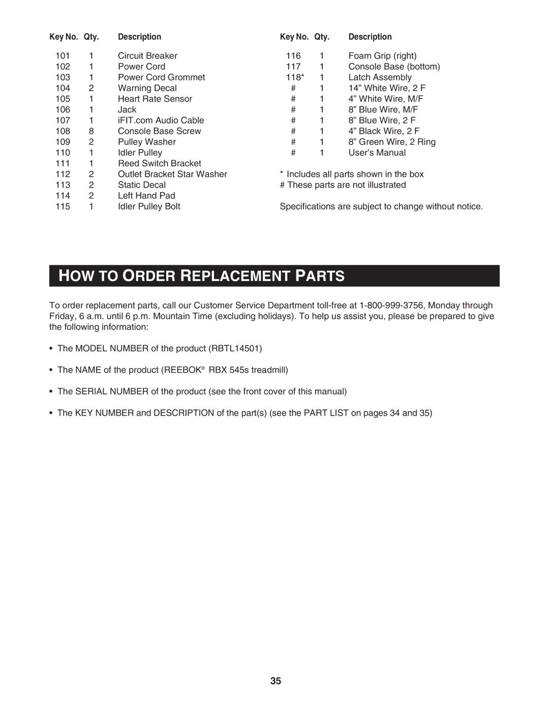 Reebok Fitness RBTL14501 manual HOW to Order Replacement Parts 