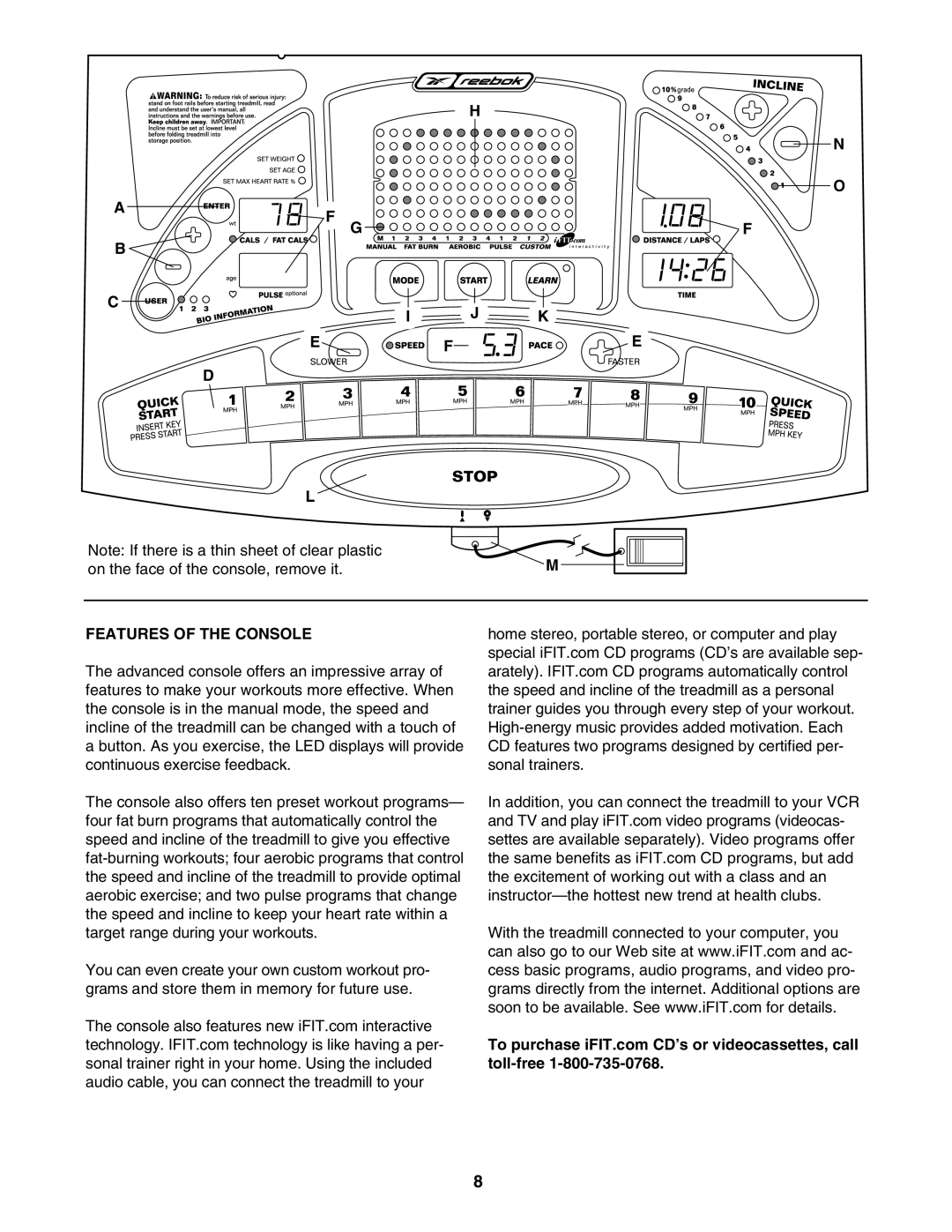 Reebok Fitness RBTL14501 manual On the face of the console, remove it, Features of the Console 