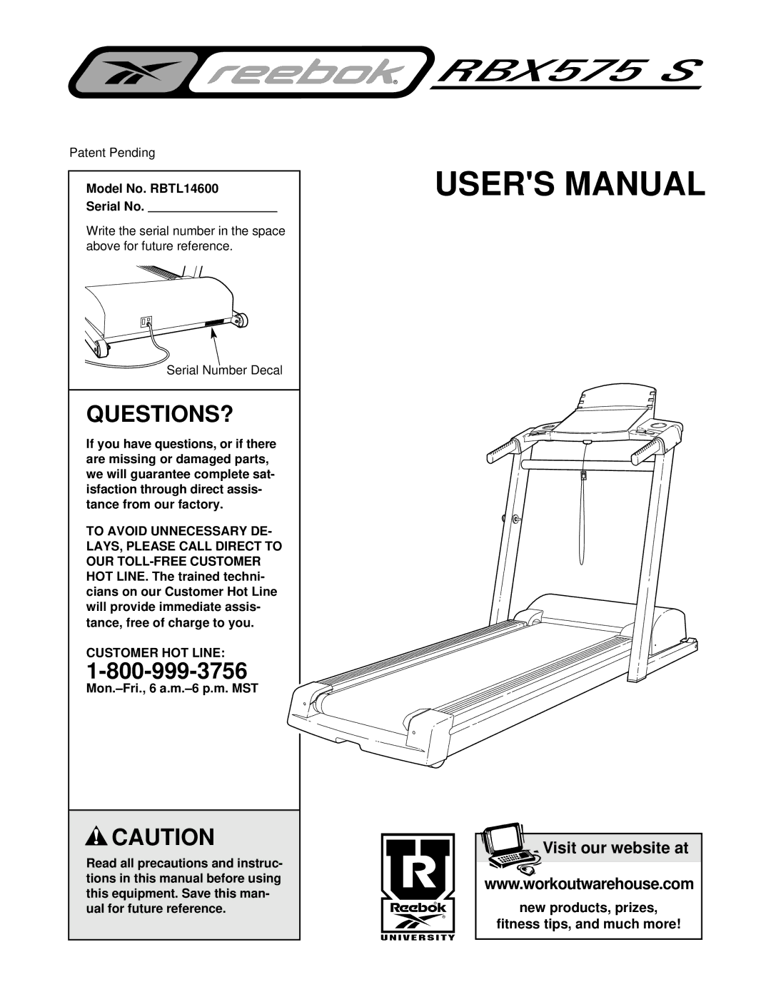 Reebok Fitness manual Model No. RBTL14600 Serial No, Customer HOT Line 