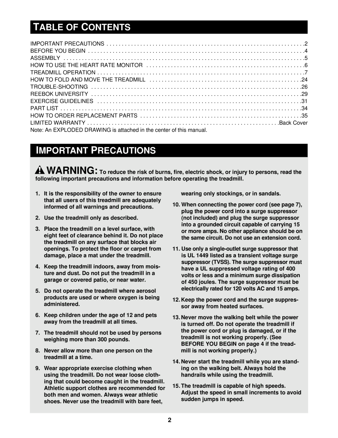 Reebok Fitness RBTL14600 manual Table of Contents, Important Precautions 