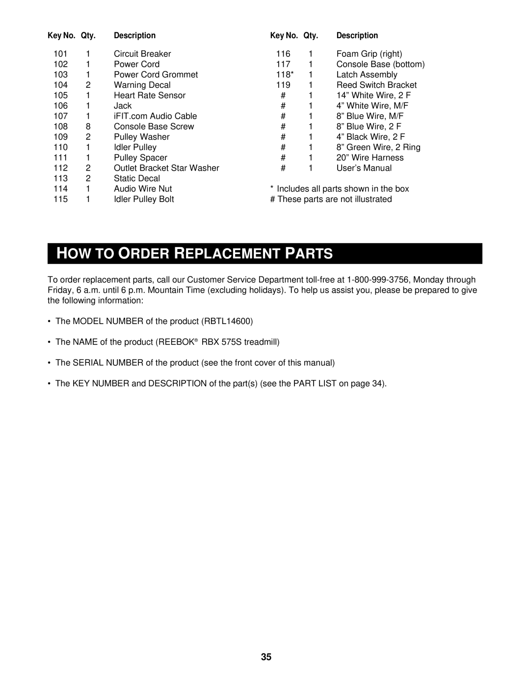 Reebok Fitness RBTL14600 manual HOW to Order Replacement Parts 