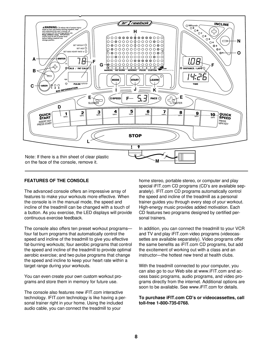 Reebok Fitness RBTL14600 manual On the face of the console, remove it, Features of the Console 