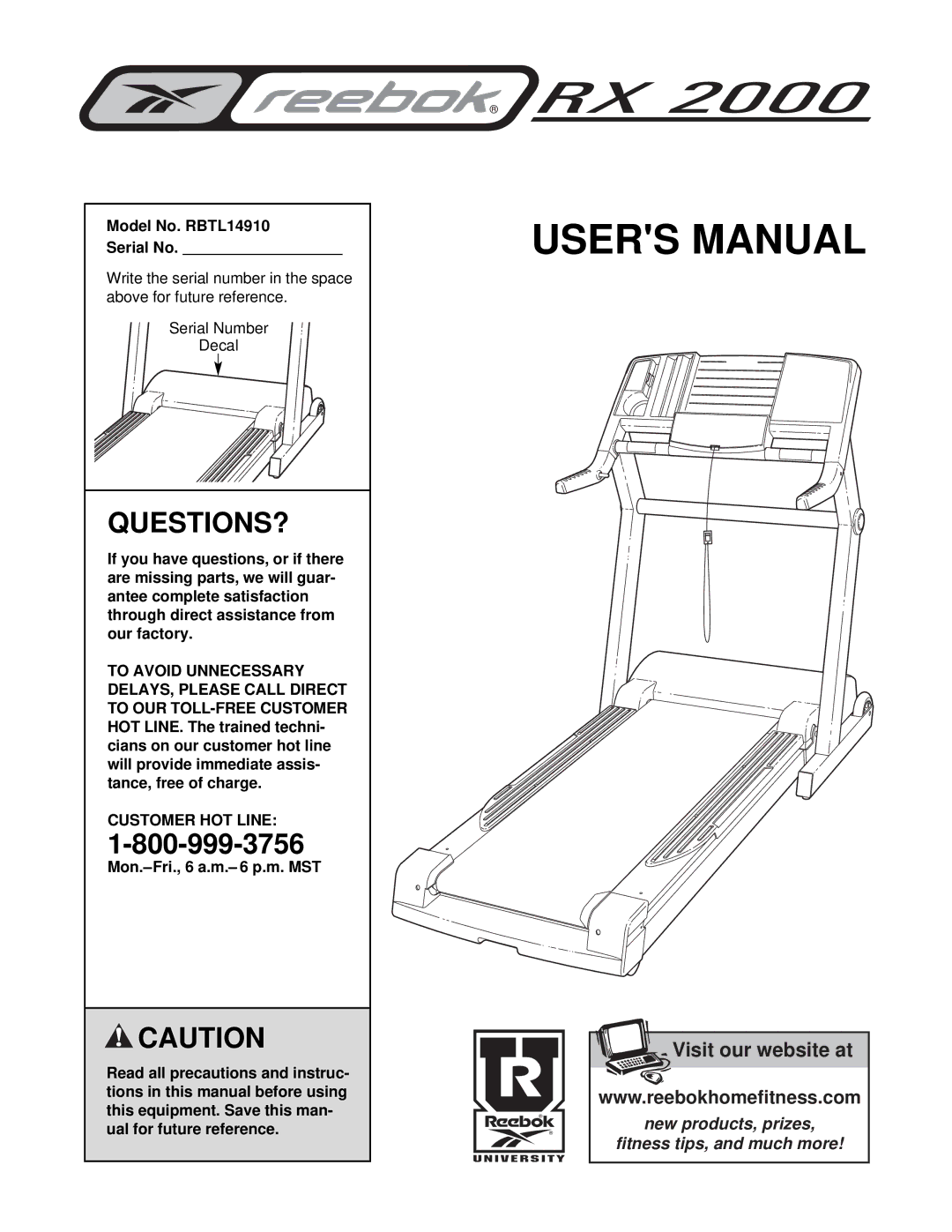 Reebok Fitness manual Model No. RBTL14910 Serial No, Customer HOT Line 