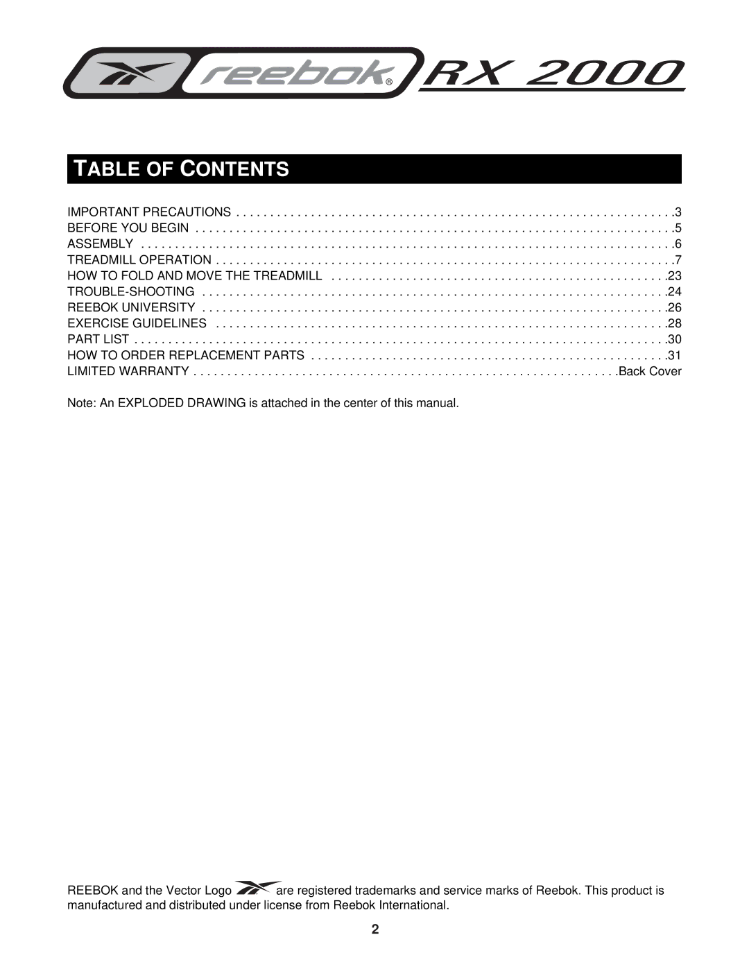 Reebok Fitness RBTL14910 manual Table of Contents 