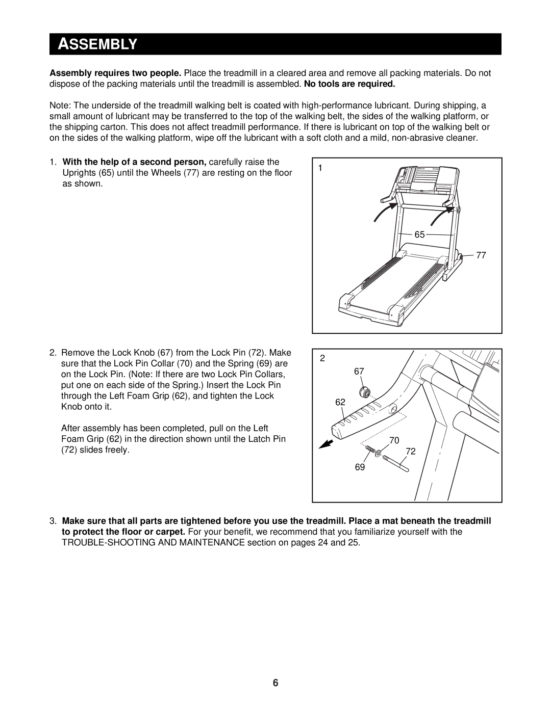 Reebok Fitness RBTL14910 manual Assembly 