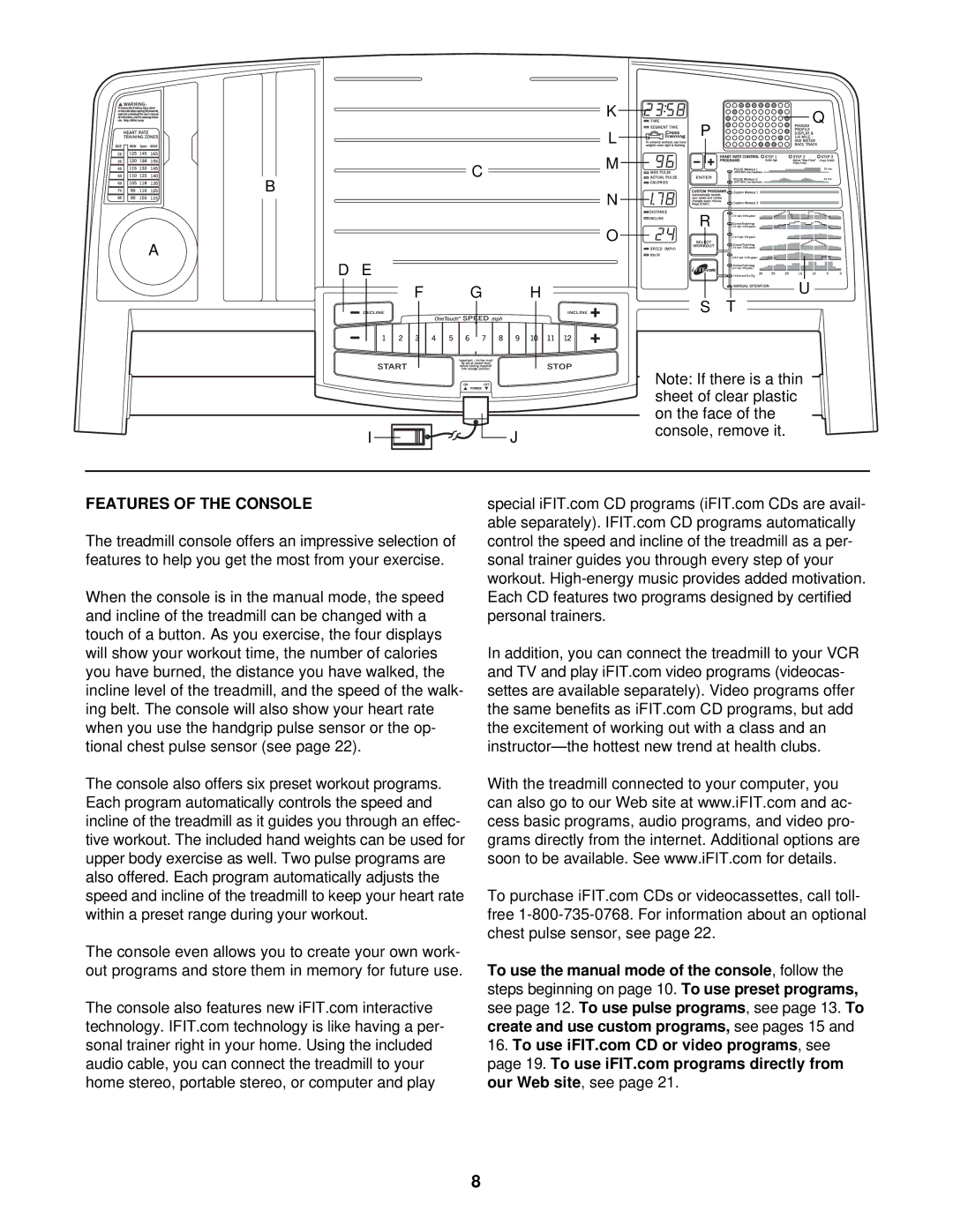 Reebok Fitness RBTL14910 manual Features of the Console 