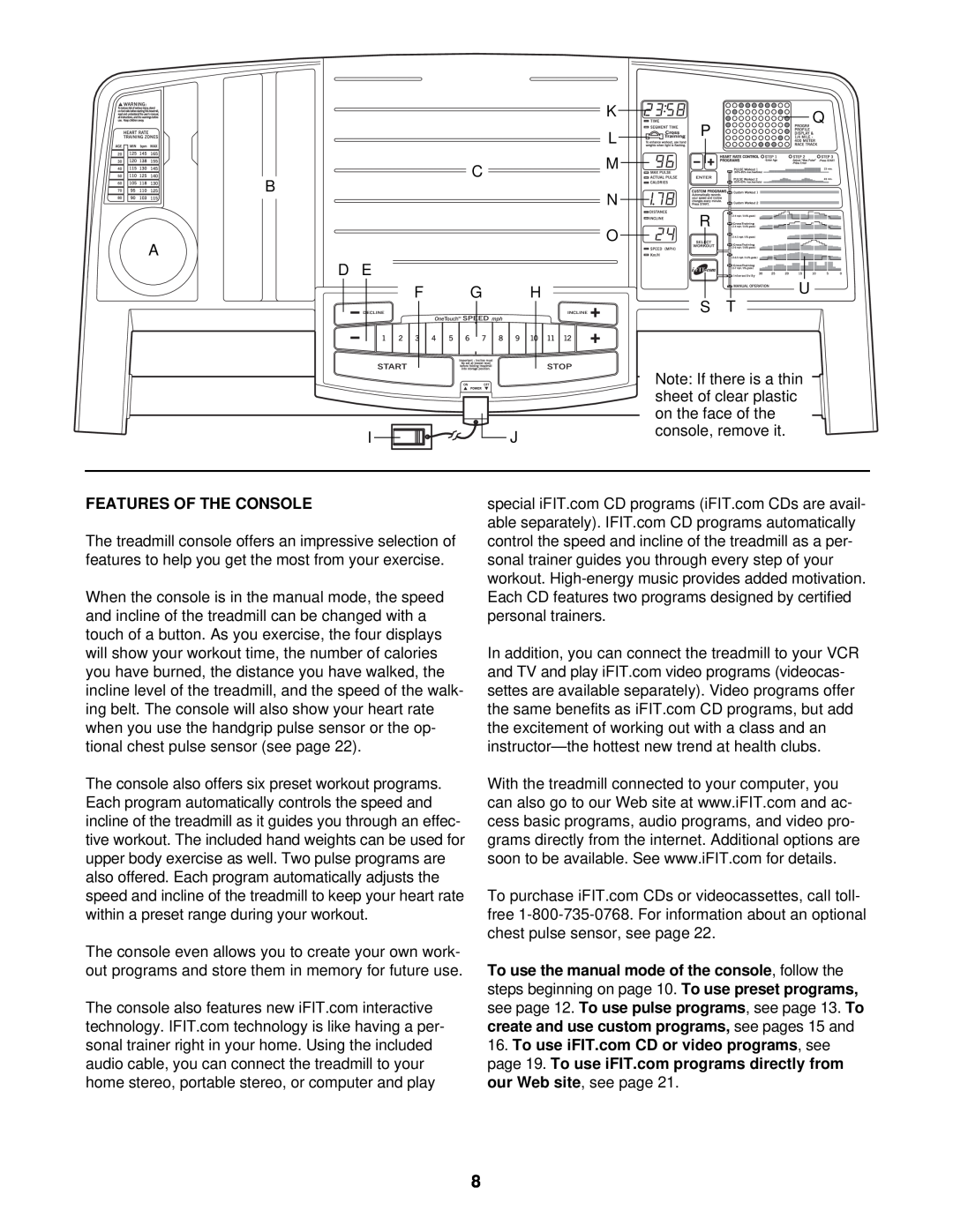 Reebok Fitness RBTL14910 manual Features Of The Console 