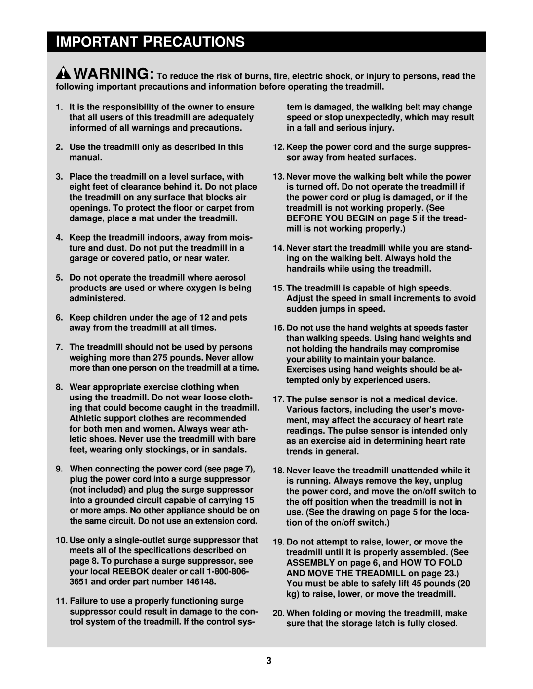 Reebok Fitness RBTL14911 manual Important Precautions 