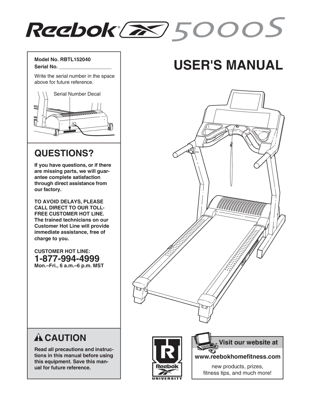 Reebok Fitness manual Questions?, Model No. RBTL152040 Serial No, Customer HOT Line 