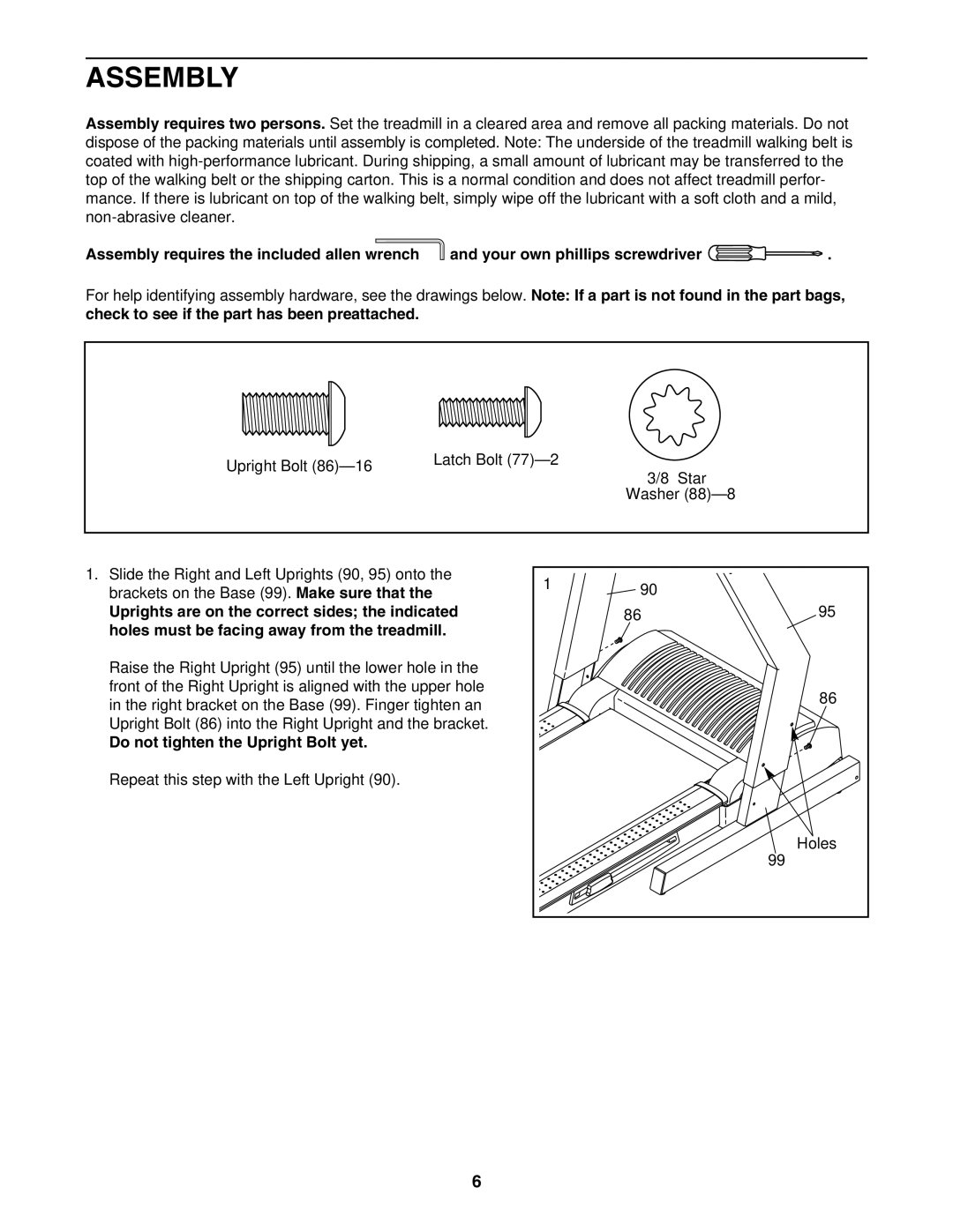 Reebok Fitness RBTL152040 manual Assembly, Do not tighten the Upright Bolt yet 