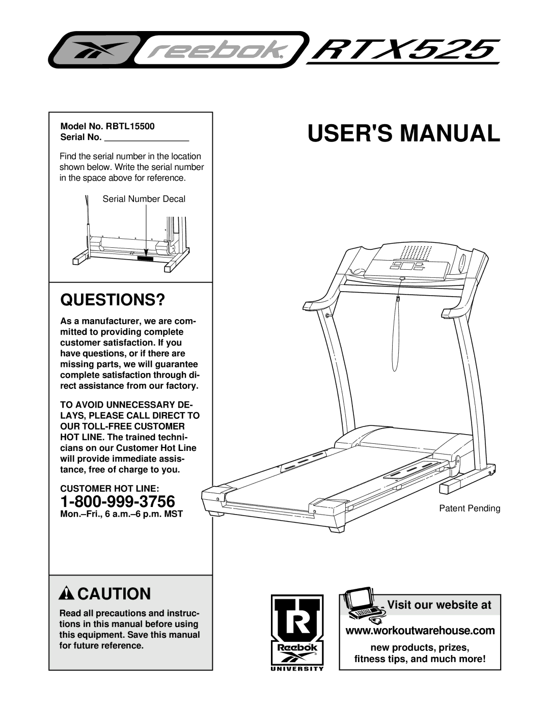 Reebok Fitness manual Model No. RBTL15500 Serial No, Customer HOT Line 