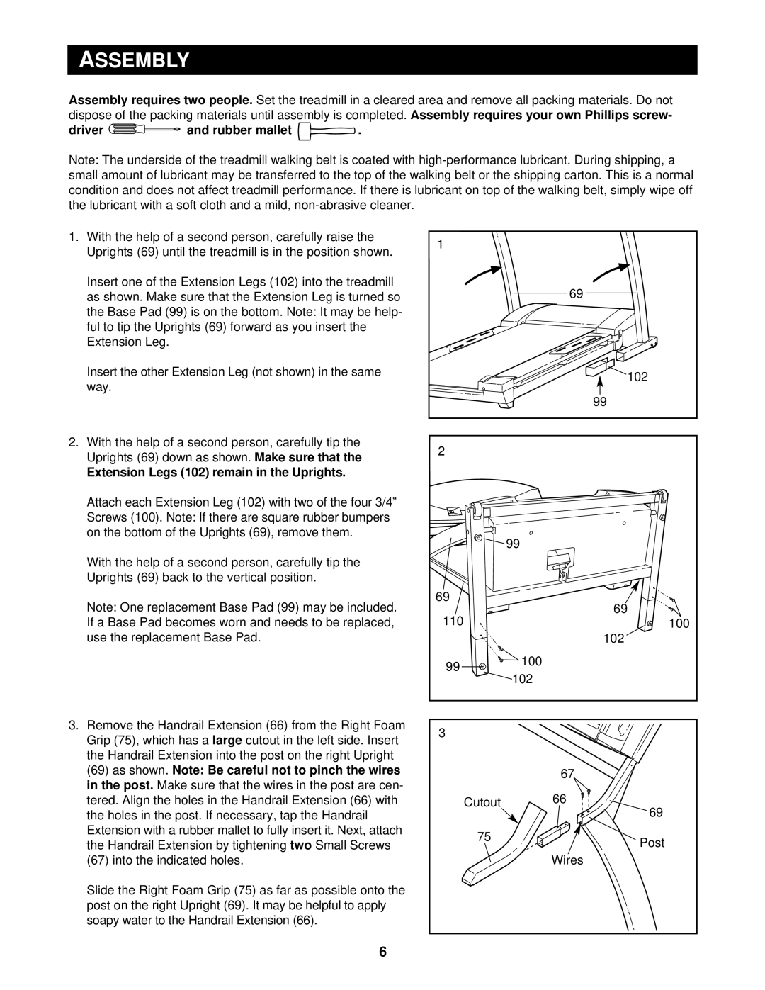 Reebok Fitness RBTL15500 manual Assembly, Driver and rubber mallet, Extension Legs 102 remain in the Uprights 