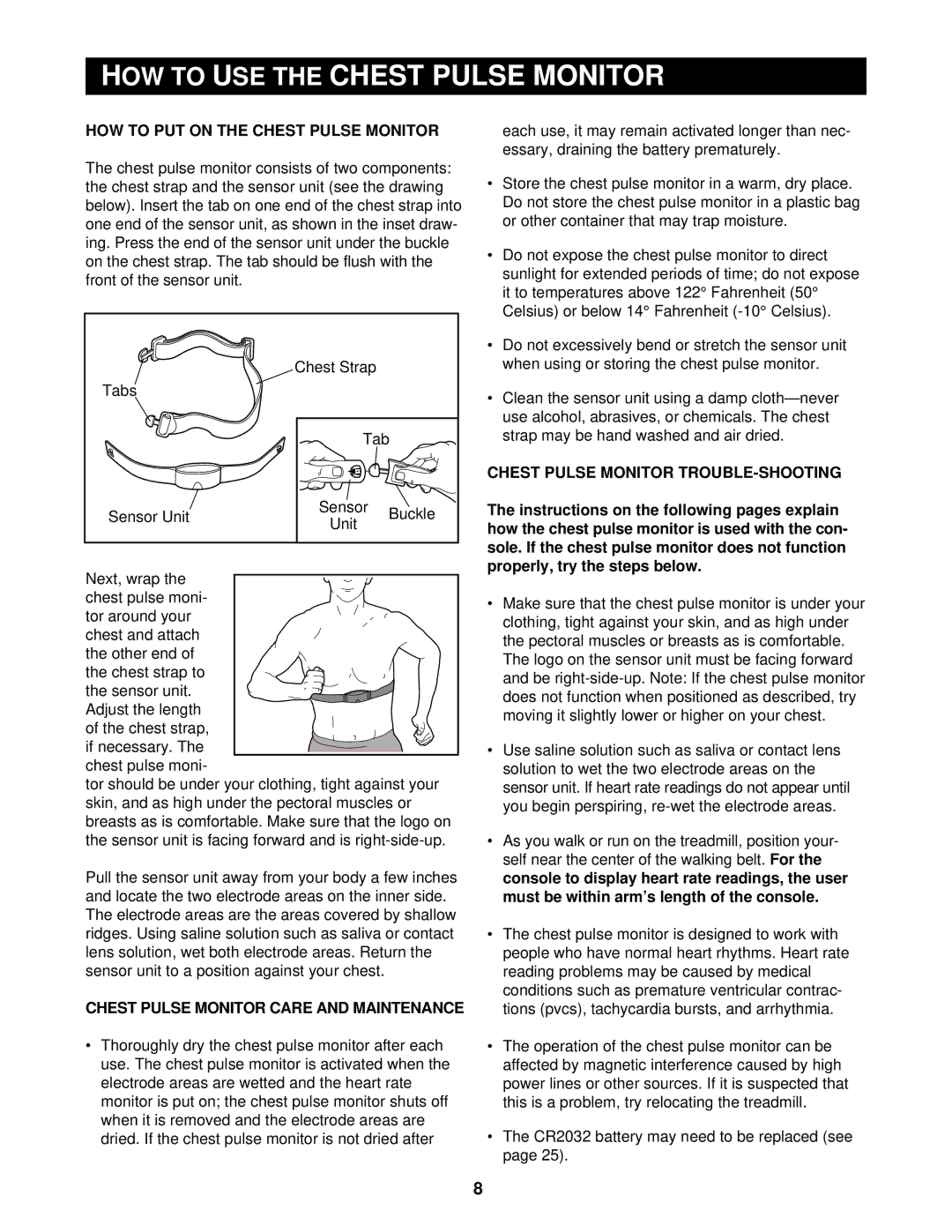 Reebok Fitness RBTL15500 manual HOW to PUT on the Chest Pulse Monitor, Chest Pulse Monitor Care and Maintenance 