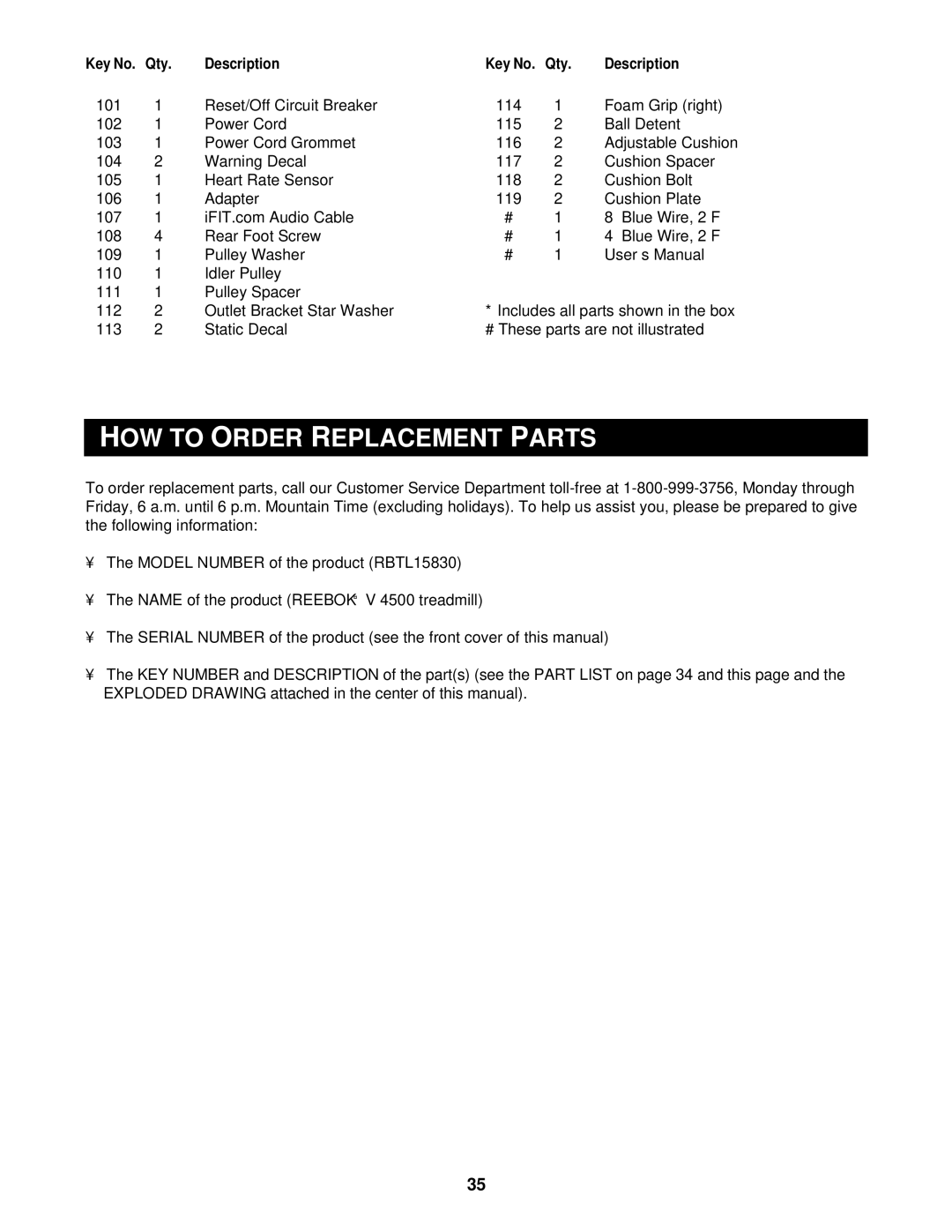 Reebok Fitness RBTL15830 manual HOW to Order Replacement Parts 