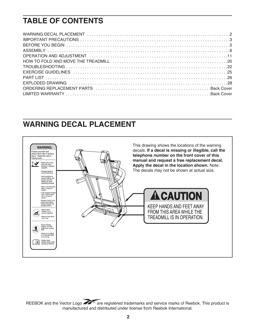 Reebok Fitness RBTL15908.0 manual Table of Contents 