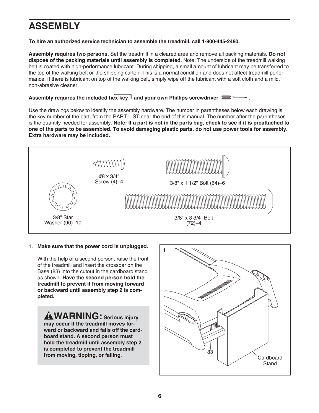 Reebok Fitness RBTL15908.0 manual Assembly, Make sure that the power cord is unplugged, From moving, tipping, or falling 