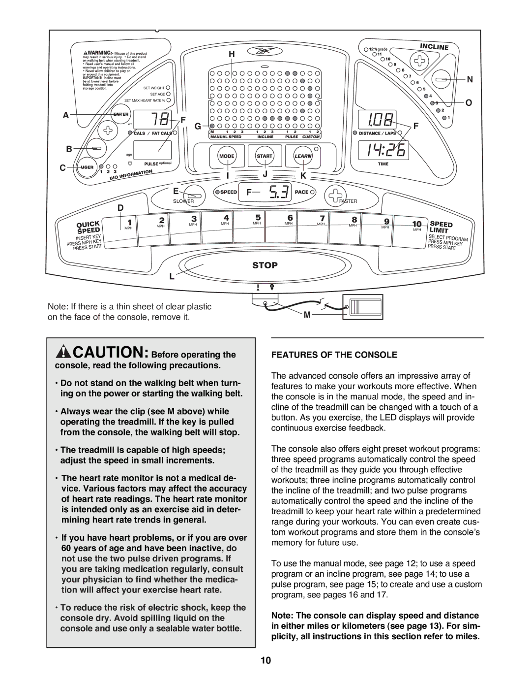 Reebok Fitness RBTL15981 manual Features of the Console 