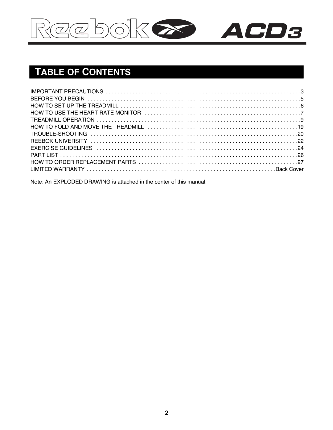 Reebok Fitness RBTL15981 manual Table of Contents 