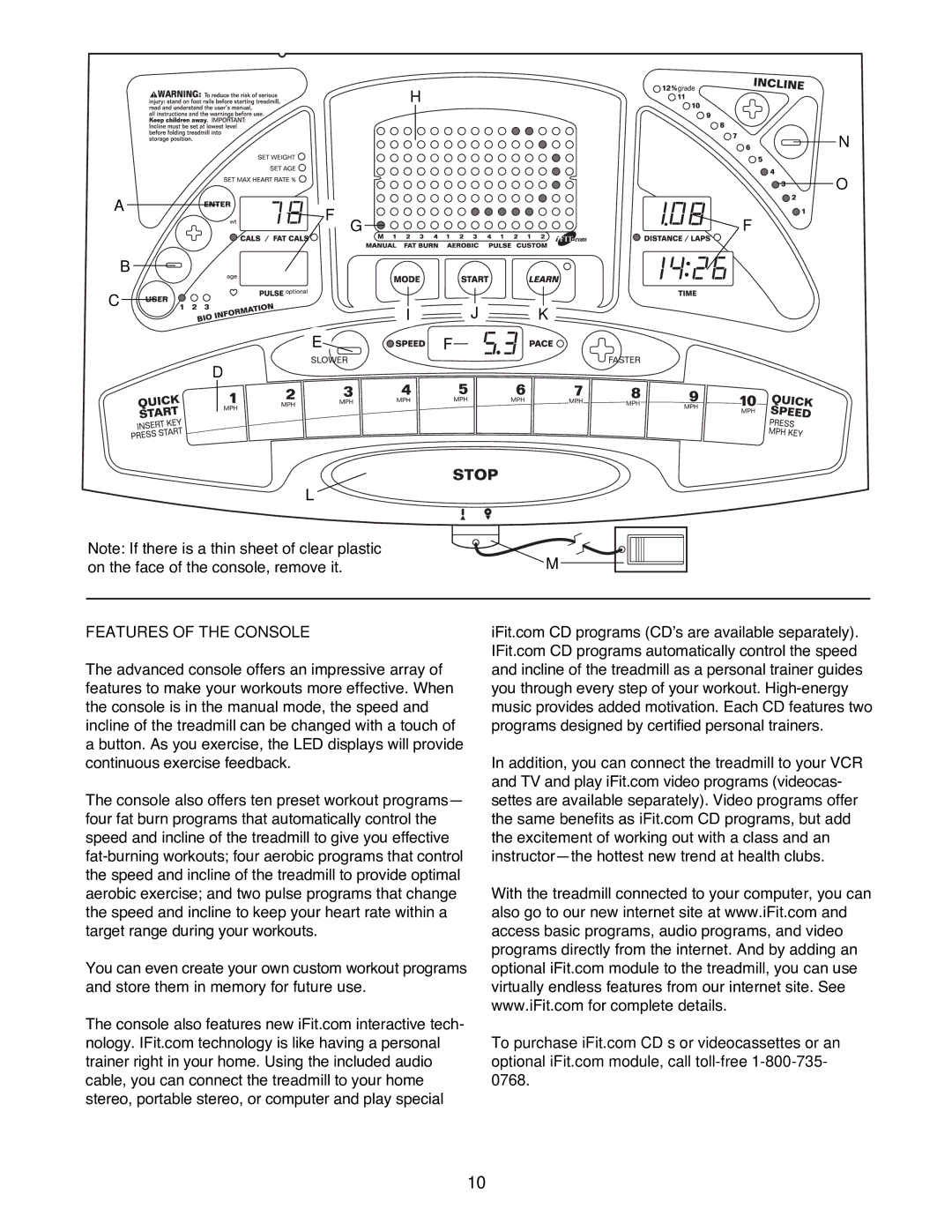 Reebok Fitness RBTL15990 manual Features of the Console 