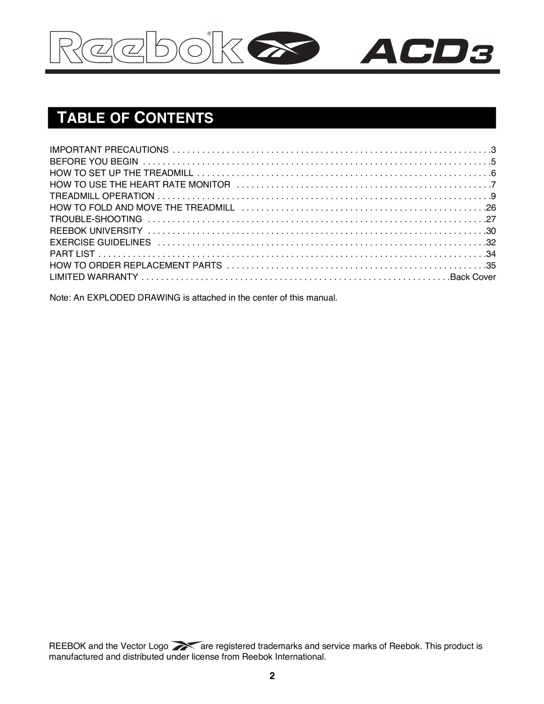 Reebok Fitness RBTL15990 manual Table of Contents 