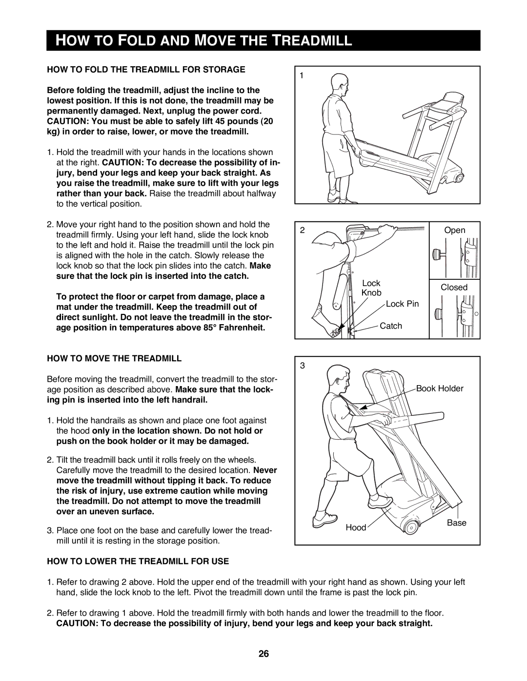 Reebok Fitness RBTL15990 manual HOW to Fold and Move the Treadmill, HOW to Fold the Treadmill for Storage 